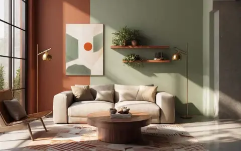 Salon moderne avec mur bicolore, une partie terracotta, l'autre verte. Canapé beige, fauteuil en cuir, table basse en bois.