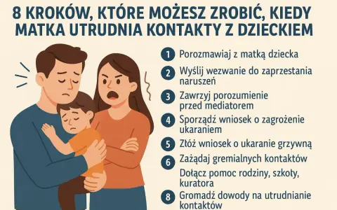 Smutny ojciec z dzieckiem na rękach, matka z gniewną miną. Ilustracja do poradnika "8 kroków, które możesz zrobić, kiedy matka utrudnia kontakty z dzieckiem".