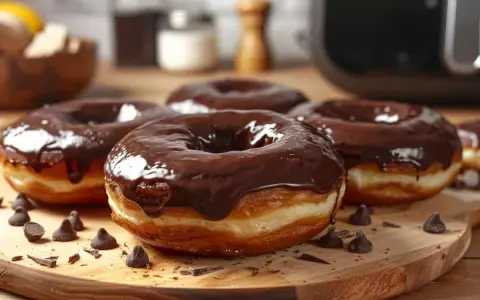 Un beignet au chocolat, généreusement glacé, repose sur une planche en bois. Des pépites de chocolat parsèment la scène.