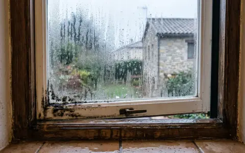 Marco de ventana con moho y gotas de agua. La humedad se acumula en el cristal, empañándolo y dificultando la vista del exterior.