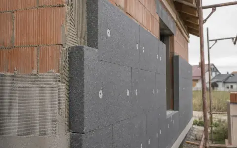 Mur 40 cm z cegły, ocieplony szarym styropianem grafitowym, z siatką i klejem.