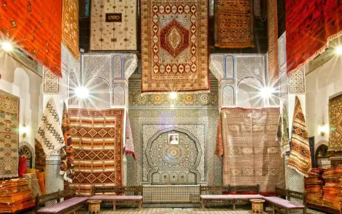 Un intérieur richement décoré de tapis colorés, témoignant de l'artisanat de Fès. Des motifs géométriques et floraux ornent les murs et les sols.