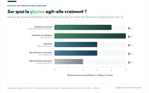 Graphique montrant les glycine bienfaits : sommeil (4/5), collagène (5/5), glycémie (3/5), récupération musculaire (3/5), détox hépatique (2/5).