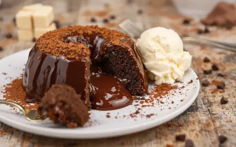 Gâteau au chocolat coulant, illustrant la différence entre moelleux et fondant. Servi avec une boule de glace à la vanille.
