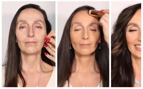 Kobieta z makijażem i bez. Od naturalnego wyglądu do pełnego blasku, pokazując transformację "make up no make up".