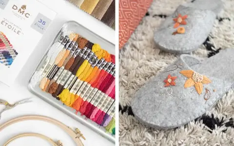 Fili colorati per ricamo a mano e pantofole grigie decorate con fiori ricamati.
