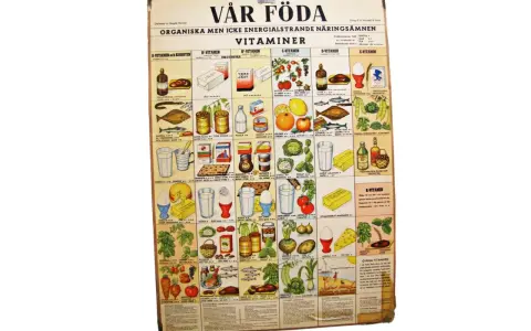 Vår föda: en affisch som visar olika livsmedel och deras vitamininnehåll. B-vitamin, ett viktigt synonym för energi.