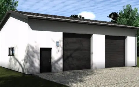 Nowoczesny projekt garażu dwustanowiskowego z dwoma bramami segmentowymi, białymi ścianami i brukowanym podjazdem.