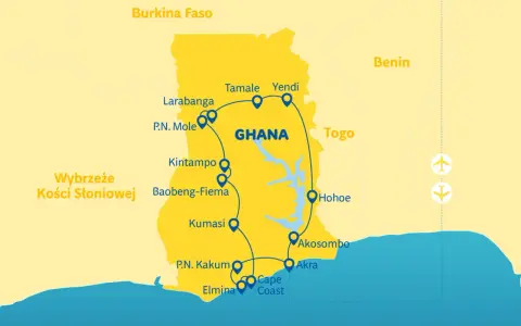 Mapa turystyczna **Ghana Afryka** z zaznaczonymi miastami: Akra, Kumasi, Tamale, wybrzeże Kości Słoniowej. Trasa obejmuje parki narodowe i historyczne miejsca.