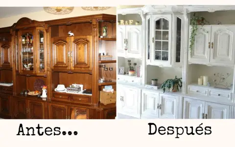 Mueble de madera oscuro transformado a blanco, mostrando cómo decorar muebles con papel decoupage para un estilo renovado y luminoso.