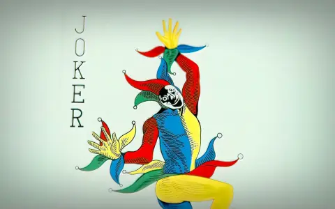 Karta joker w jaskrawych kolorach, z uśmiechniętą twarzą i charakterystycznym nakryciem głowy.