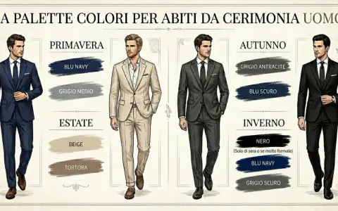 Uomo elegante in abito blu scuro, ideale per un matrimonio. La palette colori suggerisce tonalità per ogni stagione.
