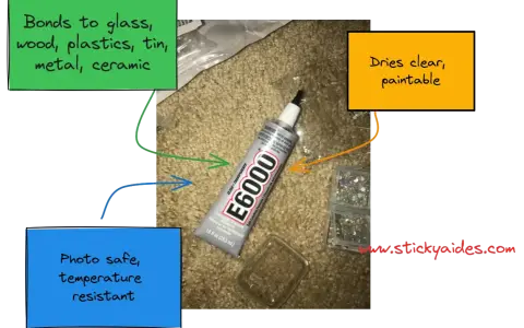 E6000 glue tube shown with notes about its uses. Does E6000 work on silicone? This adhesive bonds to many materials, dries clear, and is paintable.