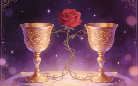 Dwa złote kielichy, połączone pnączem z czerwoną różą, symbolizują pełnię uczuć i harmonię. To obraz 10 pucharów tarot.