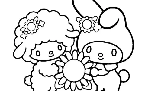Urocza My Melody i jej przyjaciel baranek pozują z kwiatkiem. Idealna my melody kolorowanka dla dzieci.