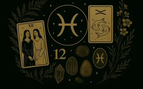 Ryby, jaki żywioł? Symbol zodiaku, karty tarota i kamienie szlachetne tworzą mistyczną kompozycję.