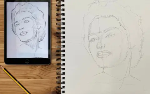 Un boceto a lápiz de un retrato en una tableta inspira un nuevo dibujo en un cuaderno. Aprende como dibujar un retrato observando los pasos.