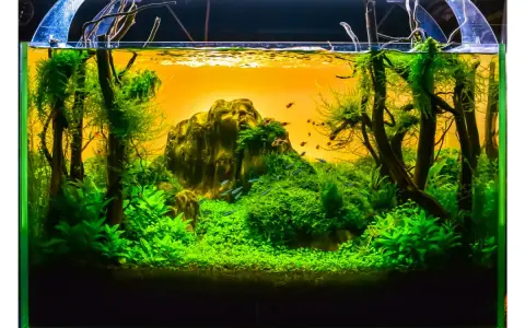 Un paysage aquatique luxuriant, une idée déco parfaite pour un aquarium vide. Des poissons bleus nagent dans une jungle verdoyante.