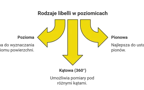 Rodzaje libelli w poziomicach: pozioma do wyznaczania poziomu, pionowa do ustalania pionów, kątowa (360°) do pomiarów pod różnymi kątami.