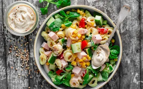 Kolorowa sałatka z tortellini, szynką, kukurydzą i warzywami, polana kremowym sosem. Idealna na letnie dni.
