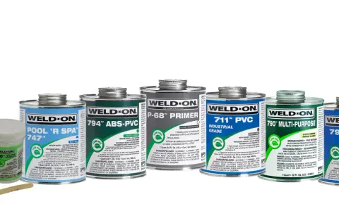 A collection of Weld-On PVC cements and primers, including a tube of 719™ PVC Industrial Grade, cans of Pool 'R Spa 747™, 794™ ABS-PVC, P-68™ Primer, 711™ PVC Industrial Grade, 790™ Multi-Purpose, and 795™ PVC.