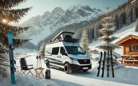 Gotowy na przygodę! Kamperem na narty, z deską snowboardową i nartami czekającymi na śnieżne stoki. Góry i lasy w tle zapraszają.