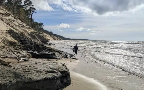 Spacerująca osoba na plaży w Ustce, w oddali widać orzechowo-brązowe klify.