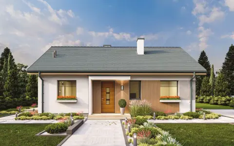 Nowoczesny bungalow z drewnianymi elementami i zadbanym ogrodem.