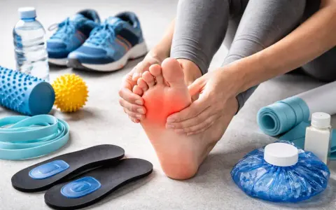 Mani che massaggiano un piede dolente, circondate da attrezzature per la cura dei piedi: scarpe, solette, rulli, palline massaggianti, elastici e impacchi freddi.