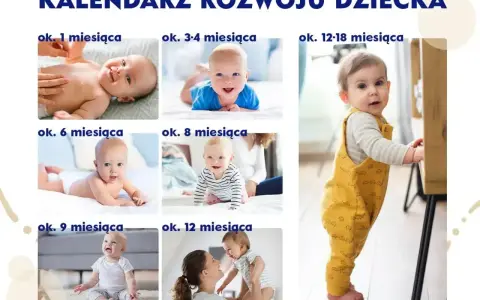 Kalendarz rozwoju dziecka: niemowlęta od 1 miesiąca do 1,5 roku pokazują swoje skoki rozwojowe, od leżenia po pierwsze kroki.