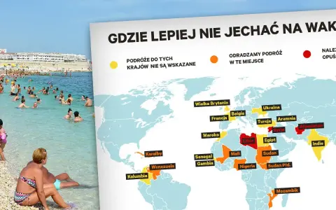 Mapa świata z zaznaczonymi krajami, do których odradza się podróże. Idealna do planowania fajnych miejsc na wakacje za granicą, ale z uwagą na te oznaczone na czerwono.