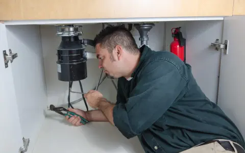 Man with pliers working on a garbage disposal under a sink.