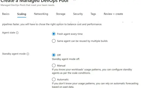 Einstellungen für den Azure DevOps Agent: Agent-Zustand (frisch oder wiederverwendbar) und Standby-Modus (aus, manuell, automatisch).