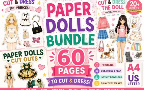 Paper dolls da stampare e colorare, un bundle di 60 pagine per creare e vestire bambole di carta con tanti outfit e accessori.
