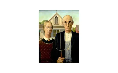 This famous picture of farmer and wife depicts a stoic couple standing before a Gothic-style farmhouse. The farmer holds a pitchfork.