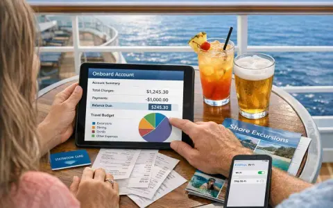 Coppia controlla il bilancio della loro crociera di una settimana su un tablet, con cocktail e birra sul tavolo.