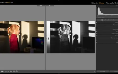 Dziewczynka w okularach, z rudymi włosami, w czerwonym swetrze, podczas robienia zdjęć w programie Lightroom. Obok wersja czarno-biała.