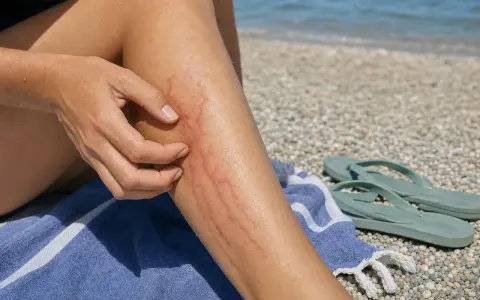 Una persona si gratta il segno rosso sulla gamba, ricordo di un incontro ravvicinato con una medusa. Ecco perché le meduse pungono.