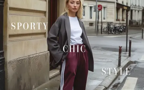 Modella con un outfit vestito con sneakers, blazer grigio, t-shirt bianca e pantaloni bordeaux a righe. Stile sporty chic.