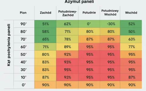 Tabela pokazuje optymalny azymut paneli fotowoltaicznych dla różnych kątów pochylenia, aby uzyskać maksymalną wydajność.