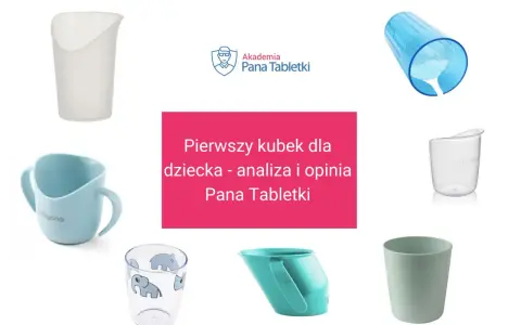 Różne kubki dla dzieci, w tym pierwszy kubek dla niemowlaka.