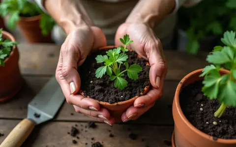 Mains tenant un jeune plant de persil, signe d'un bon temps germination persil. Une petite pelle est à côté.