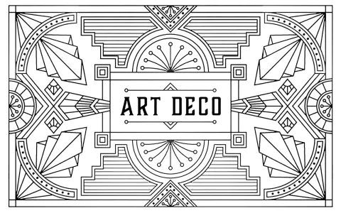 Un cadre rectangulaire orné de motifs géométriques symétriques, évoquant le style art déco. Le centre affiche le texte "ART DECO".
