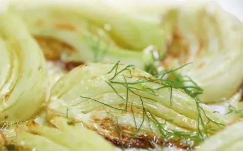 Gegrillte Fenchelspalten mit frischem Dill garniert, ein köstliches Gericht, das zeigt, wie man Fenchel zubereiten kann.