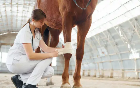 Vétérinaire soignant une plaie sur la jambe d'un cheval avec un bandage.