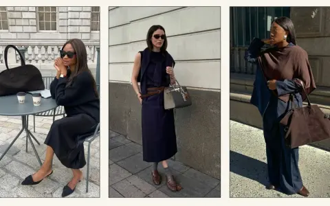 Three women showcase chic outfits. The right image answers: does navy go with brown? Yes, a navy pinstripe suit is paired with a brown poncho and bag.