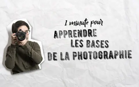 Une personne avec des lunettes tient un appareil photo, prête à capturer le monde. Le texte "1 minute pour apprendre les bases de la photographie" suggère une introduction rapide à cette technique photo.