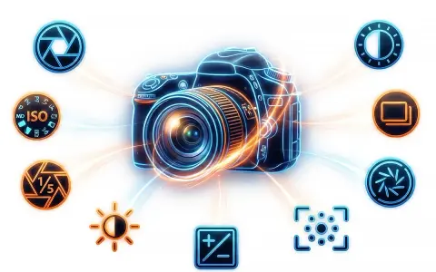 Stylizowana fotografia produktowa ustawienia aparatu: ikony przysłony, ISO, balansu bieli, ekspozycji i trybów fotografowania otaczają cyfrowy aparat.