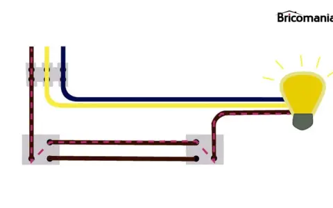 Diagrama ilustra como se conecta un interruptor a una bombilla, mostrando los cables de fase, neutro y tierra.