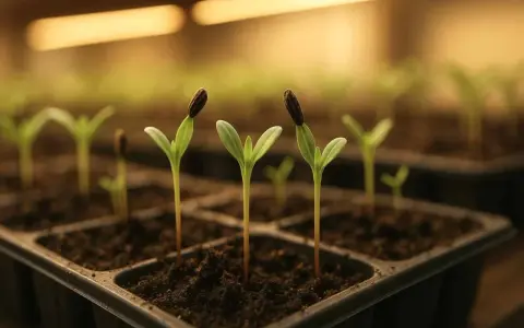 Små plantor med fröskal kvar på bladen växer i en odlingstråg. Kanske är det solrosor eller så tagetes som snart ska planteras ut.
